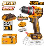 INGCO Cordless 20V Lithium-ion Drill 55NM Brushless Kit CDLI205582