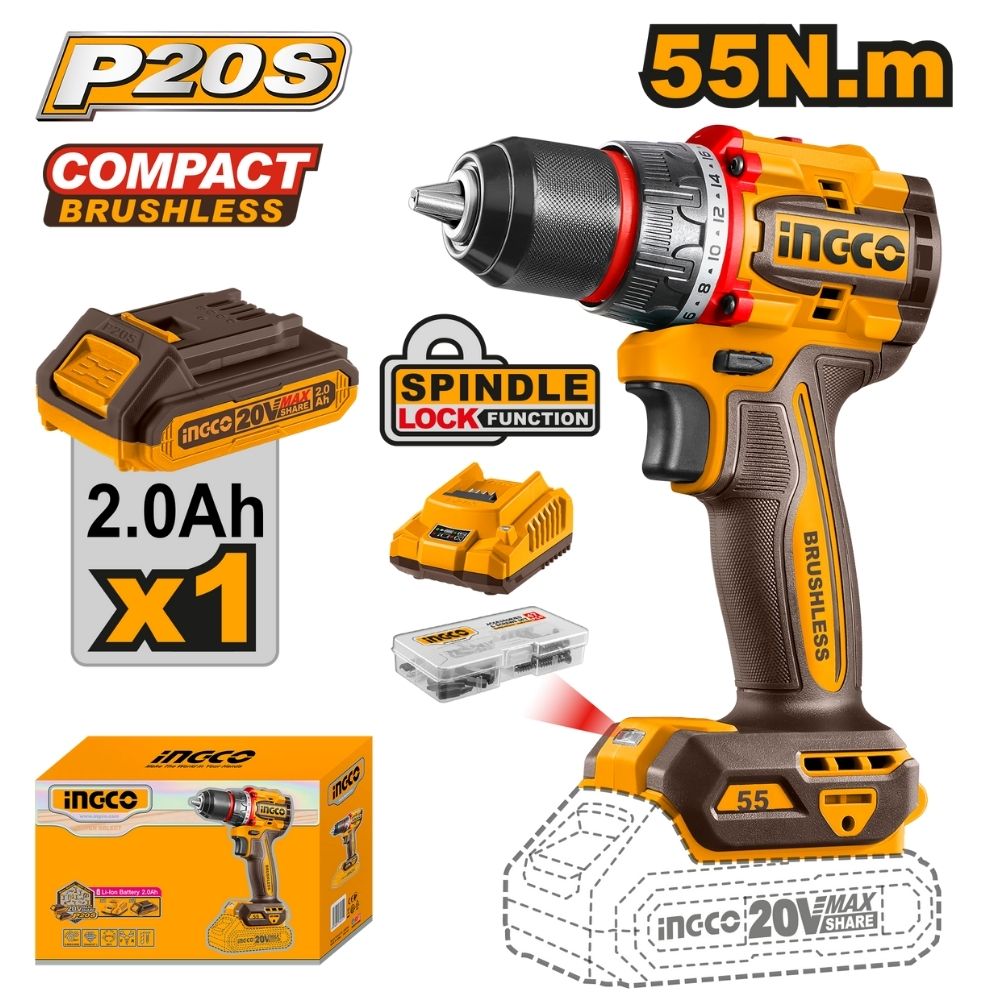 CDLI205582new INGCO Cordless 20V Lithium-ion Drill 55NM Brushless Kit CDLI205582 - Image 1